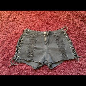 Lace up black denim shorts